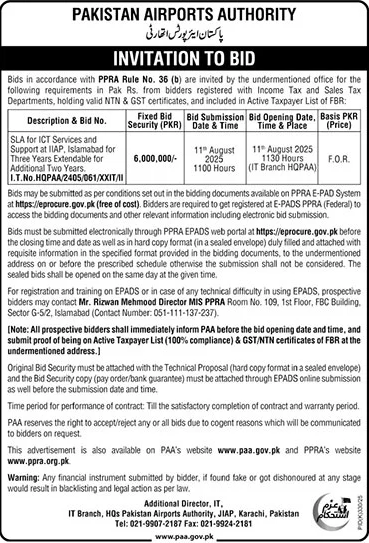 Pakitan Airport Authority Karachi Tender Notice